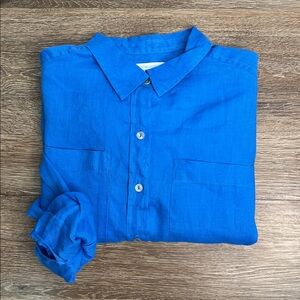 Cynthia Rowley 100% Linen Button Down Shirt | Bright Blue | Relaxed Fit Top